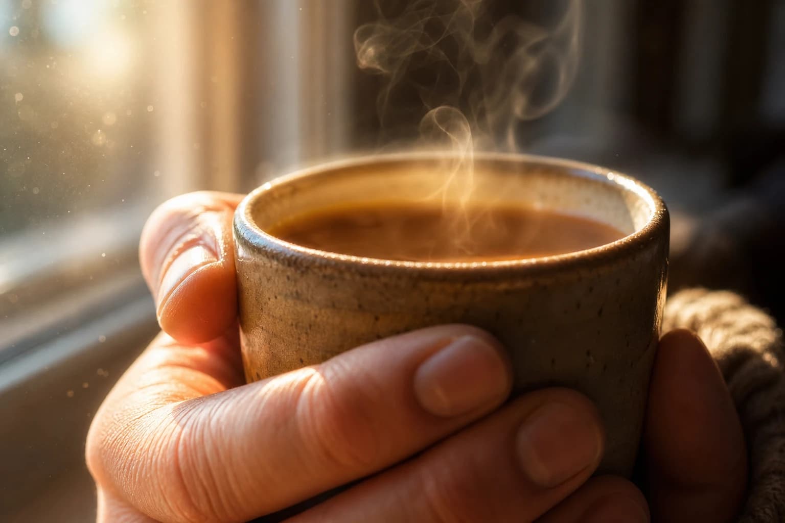 Morning Coffee, Fingers Reach the Warmth