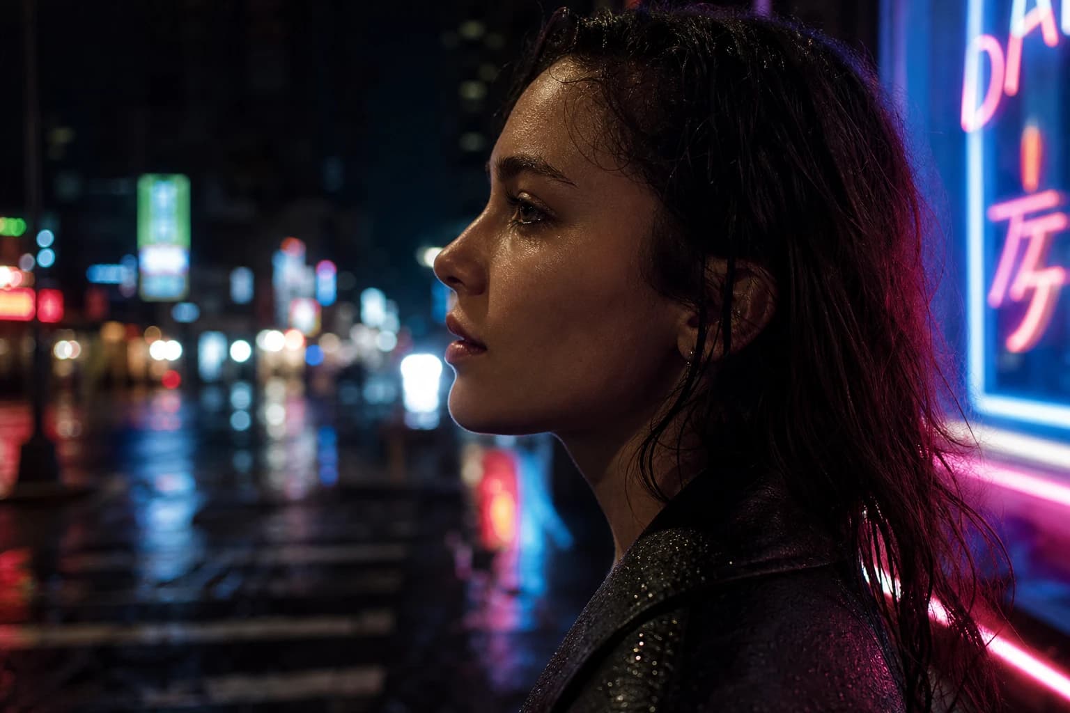Neon Rain Kiss: A Silhouette Side Portrait