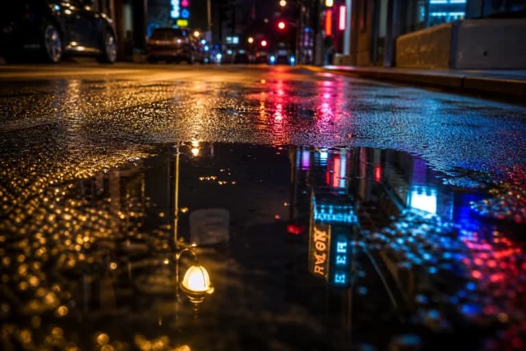 消せない！水たまりが映す夜の光跡