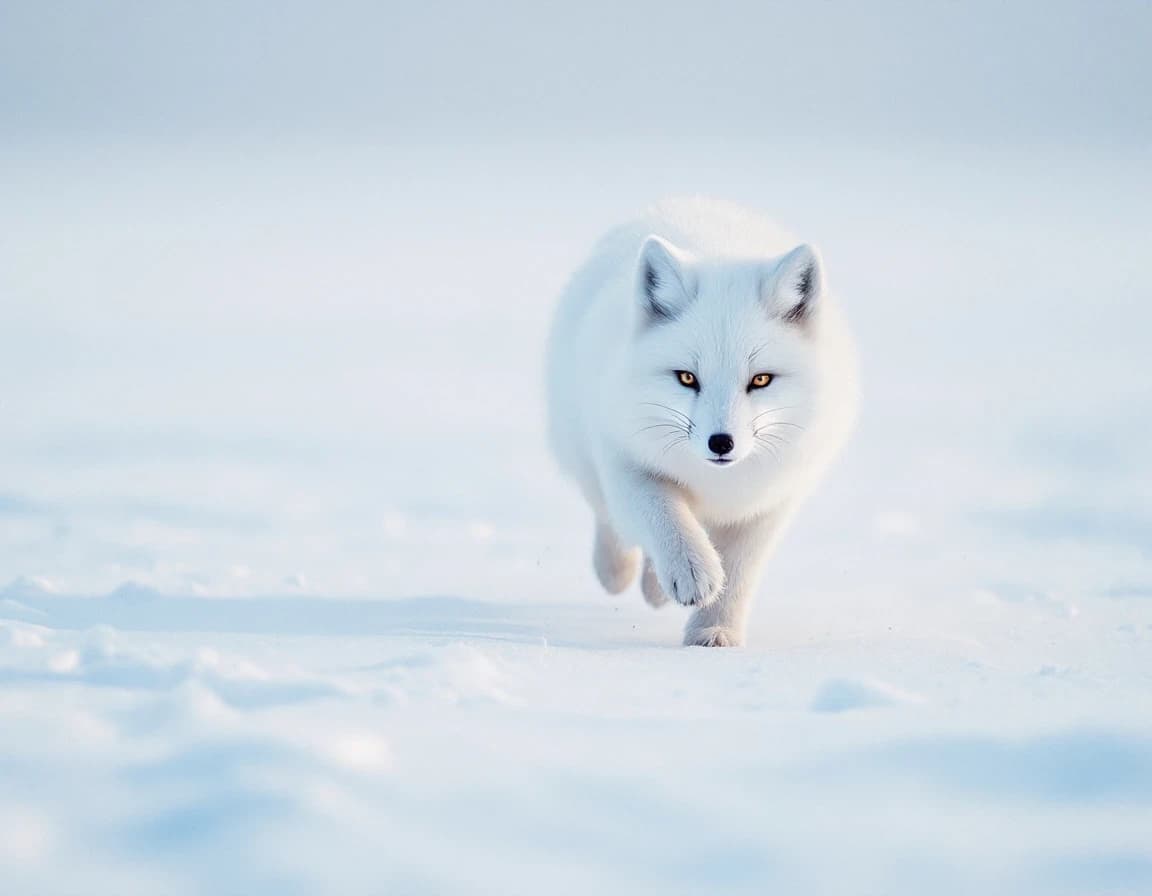 雪原を駆ける北極狐のAI画像プロンプト作例【真冬の朝】