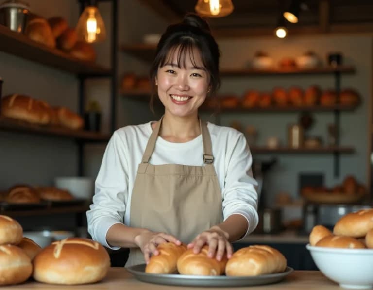パン屋のカウンターとエプロン店員のAI画像プロンプト集