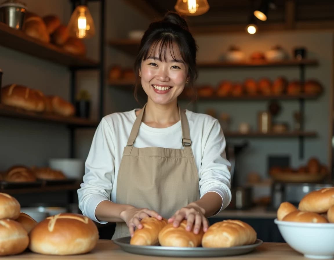 パン屋のカウンターとエプロン店員のAI画像プロンプト集