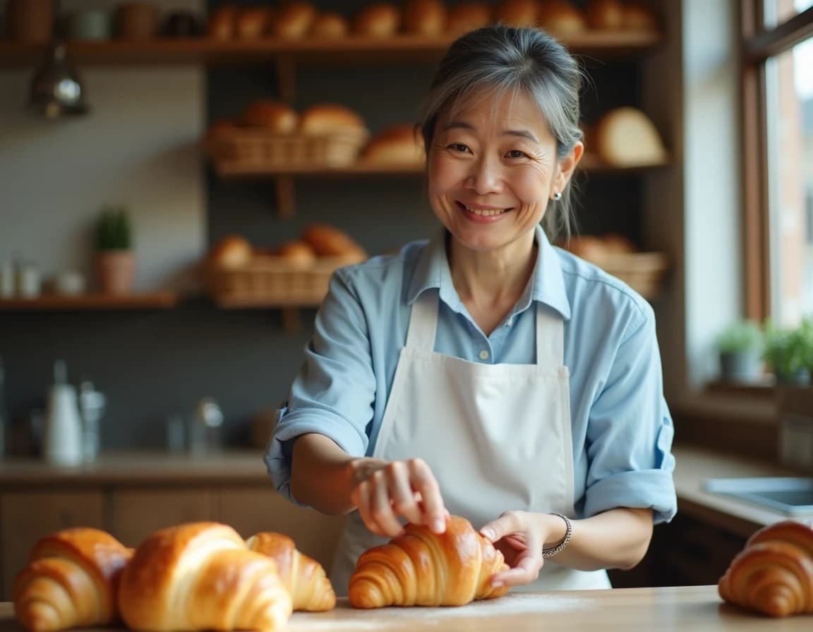 パン屋の店員のAI画像プロンプト作例｜焼きたての香り