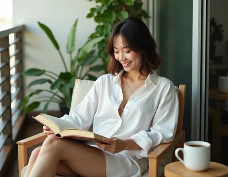 ベランダで読書する女性のAI画像プロンプト集【ワイシャツ】