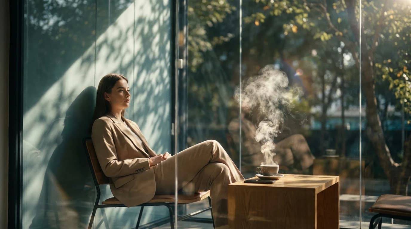 カフェで湯気立つコーヒーと木陰の光を楽しむ女性のAI画像プロンプト