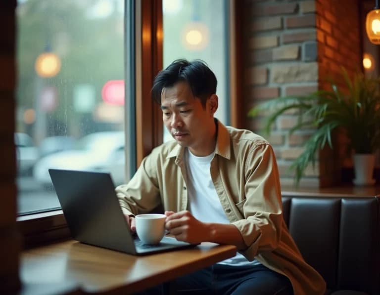 雨のカフェ窓際でノートPCを開くノマドワーカーのAI画像プロンプト集