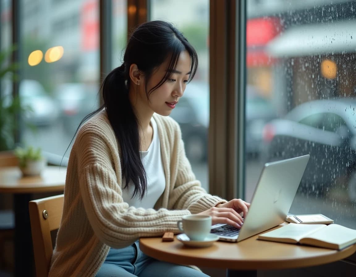 カフェの窓際でノートPCを開くノマドワーカーのAI画像プロンプト作例