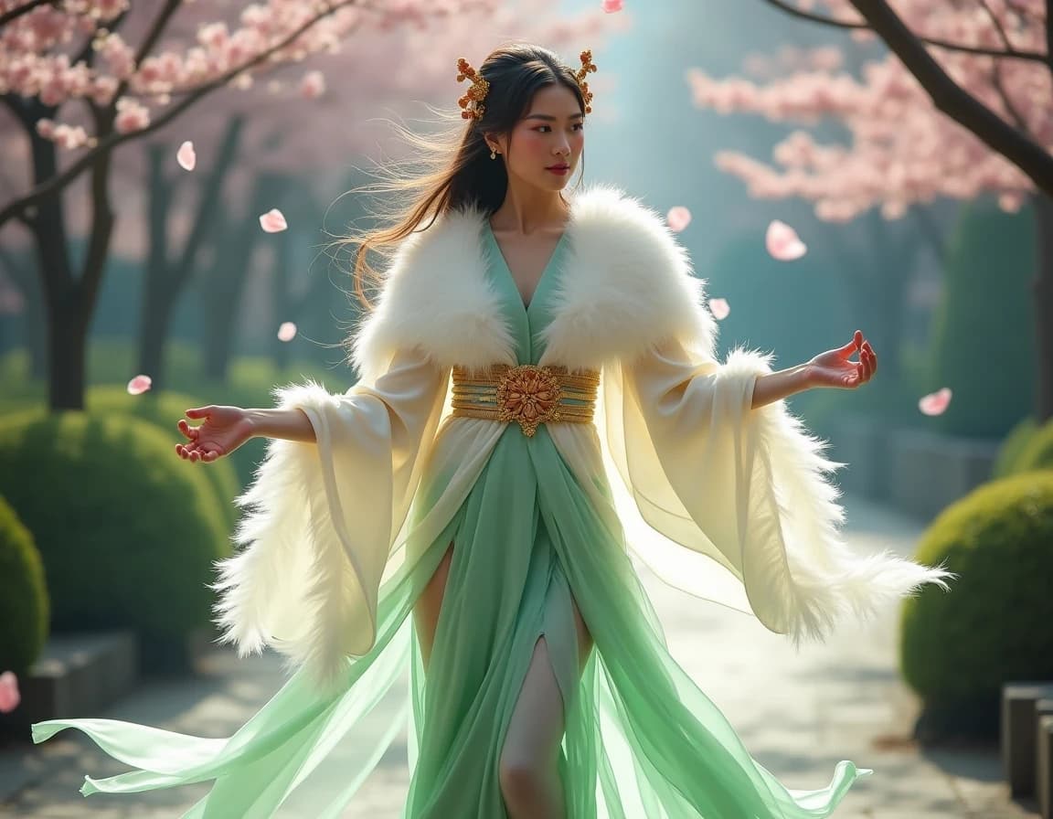 Celestial Maiden Dancing in a Cherry Blossom Japanese Garden - AI Prompt Examples