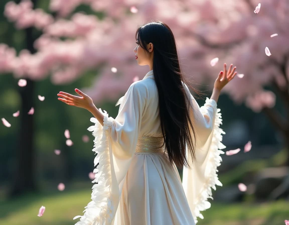 桜舞う日本庭園で舞う天女のAI画像プロンプト作例