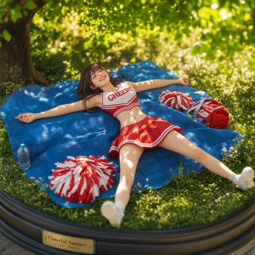 木陰で大の字に寝るチアリーダーのAI画像プロンプト