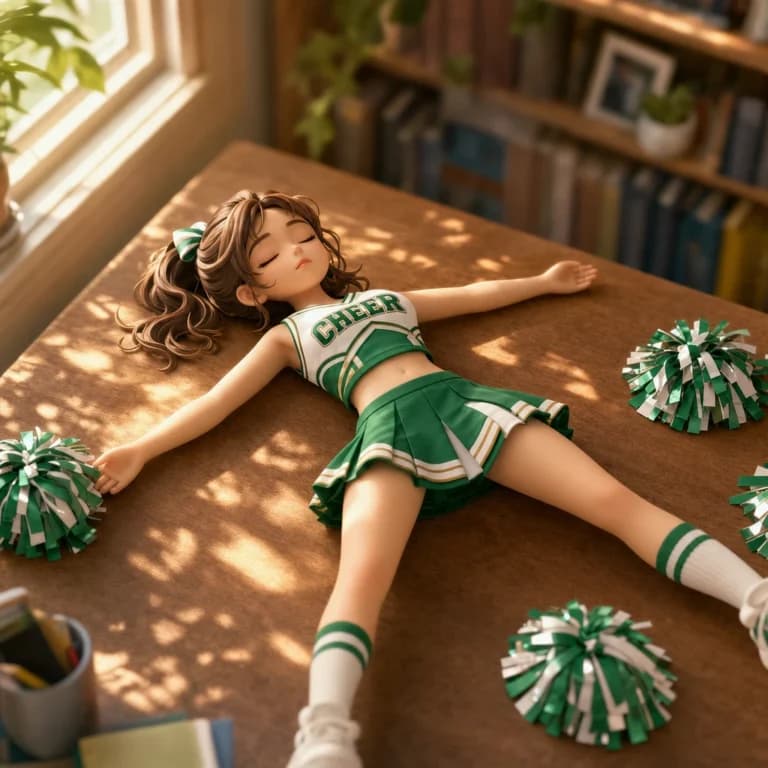 窓辺で眠るチアリーダーのAI画像プロンプト作例