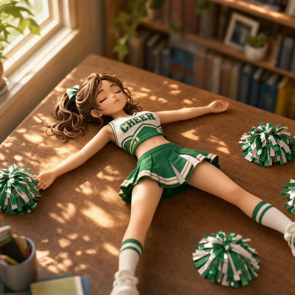 窓辺で眠るチアリーダーのAI画像プロンプト作例