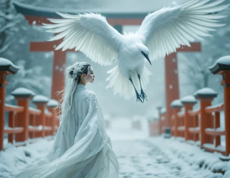 雪原の朱色鳥居に舞う鶴の精霊をAI生成するプロンプト作例