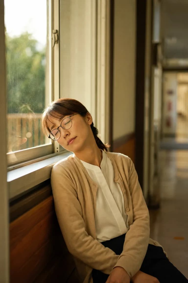 眼鏡の女教師が窓辺で眠るAI画像プロンプト作例