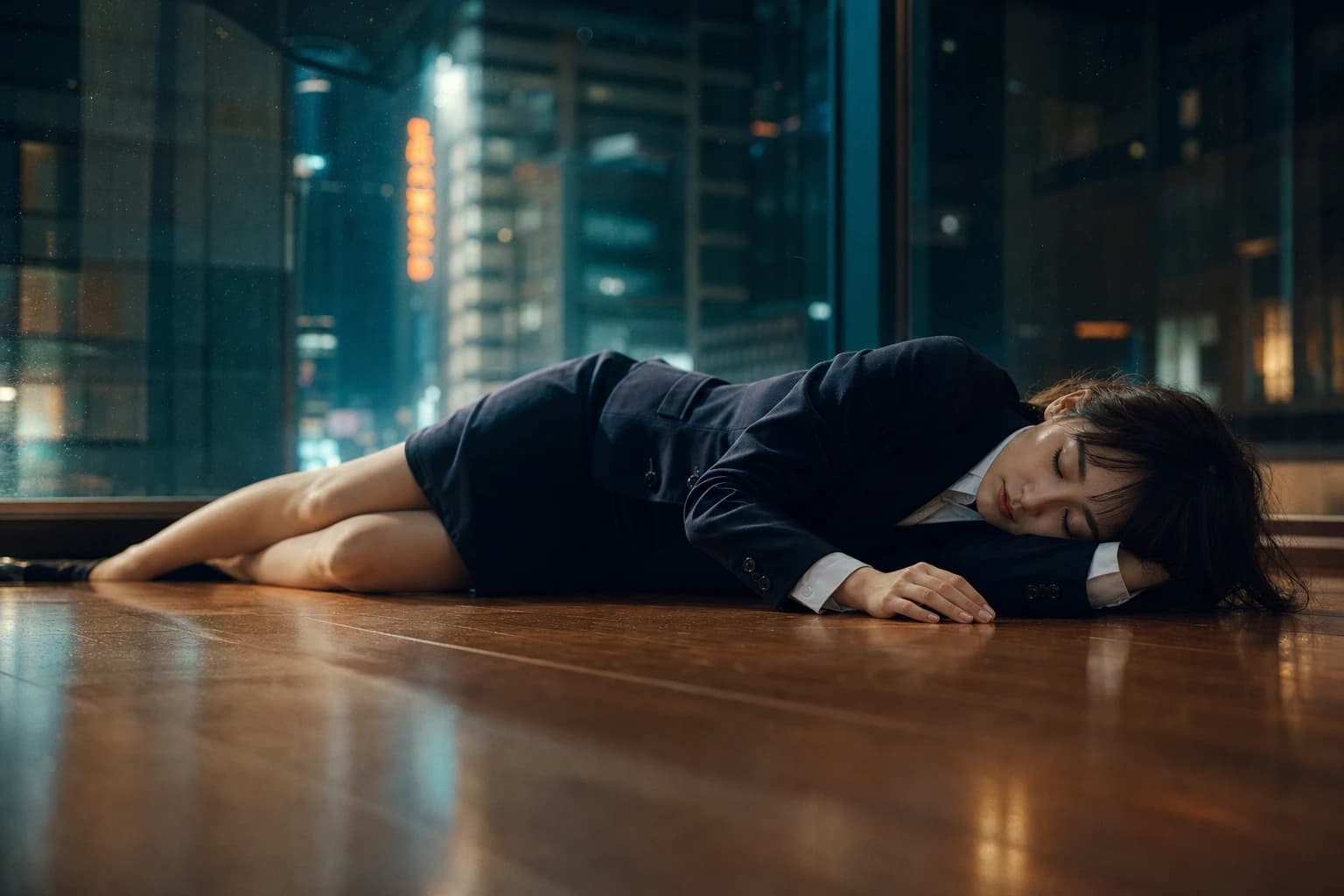 スーツのOLがガラス越しに眠るAI画像プロンプト作例