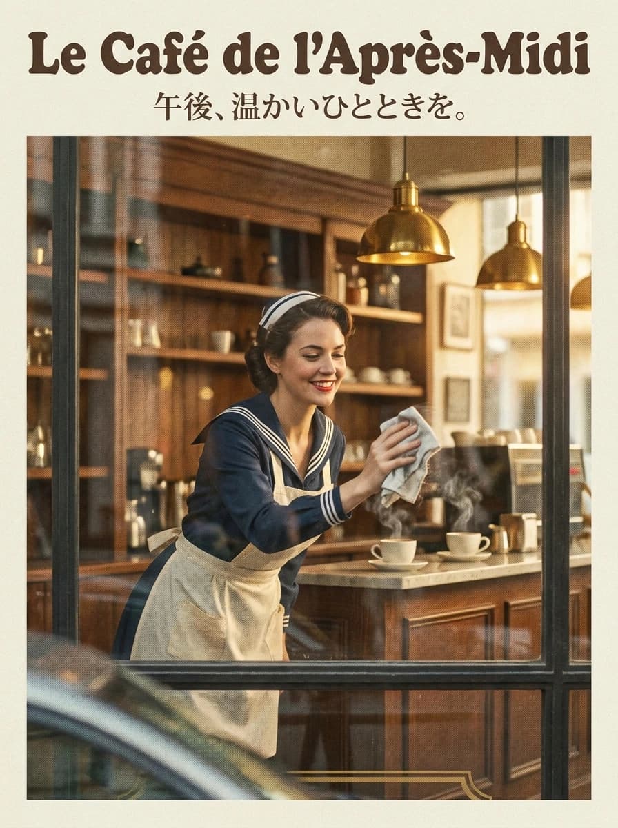 ガラス越しのカフェ店員AI画像プロンプト作例【レトロ風】