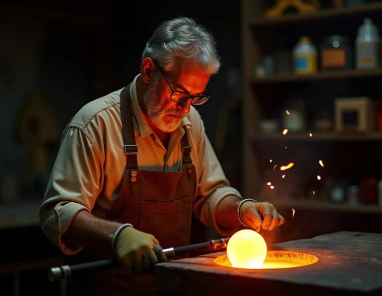 ガラス工房で吹きガラスを作る職人のAI画像プロンプト作例