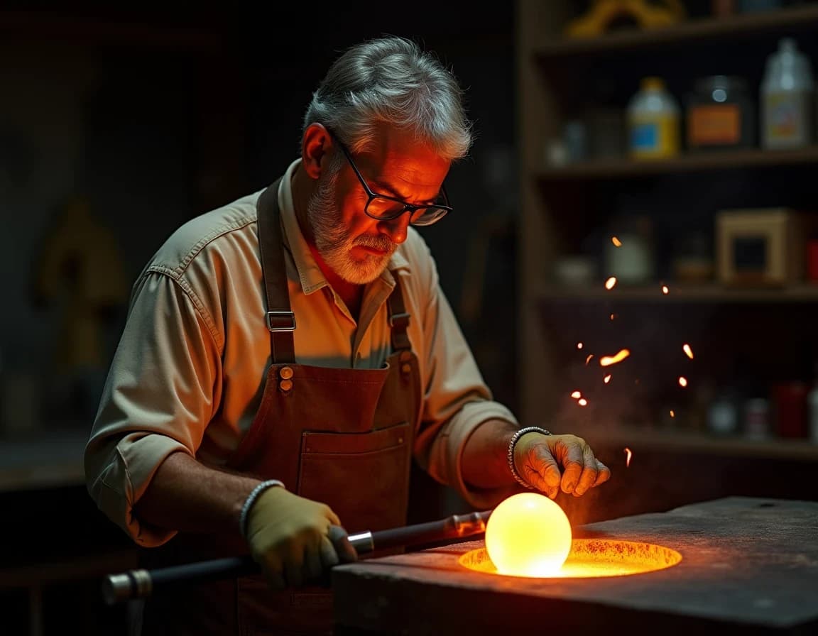 ガラス工房で吹きガラスを作る職人のAI画像プロンプト作例