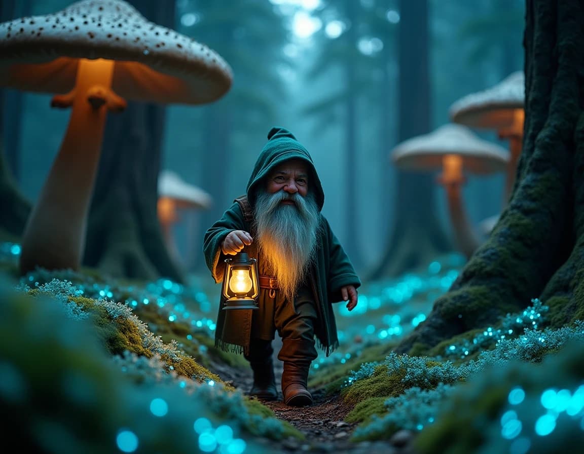 巨大キノコの森を歩むノームのAI画像プロンプト作例【夜光ゴケ】
