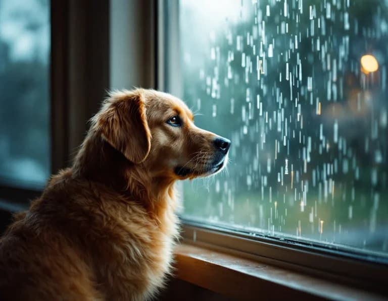 雷雨の窓辺に座るゴールデンレトリーバーのAI画像プロンプト作例