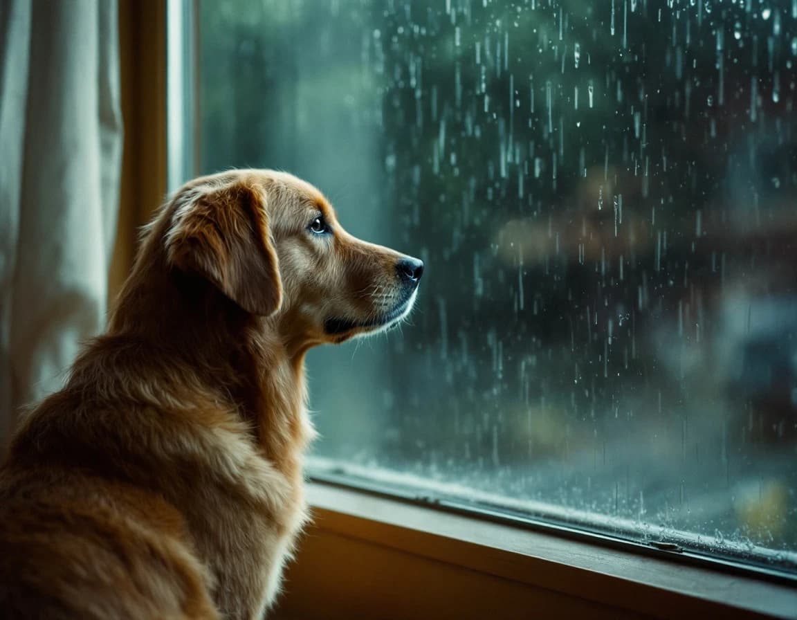 雷雨の窓の外を見るゴールデンレトリーバーAI画像プロンプト｜室内の薄暮