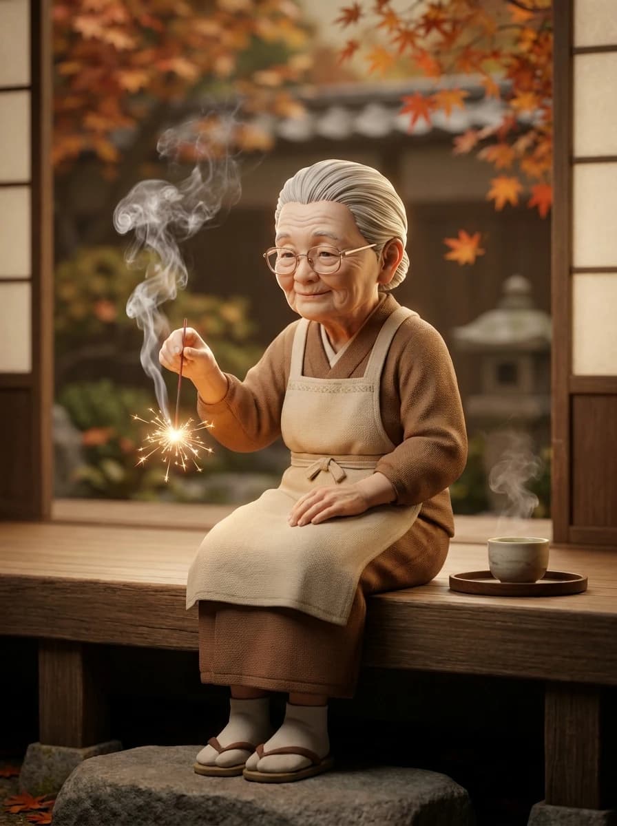 AI Image Prompt Examples: Grandmother in Apron on Engawa by Kotatsu