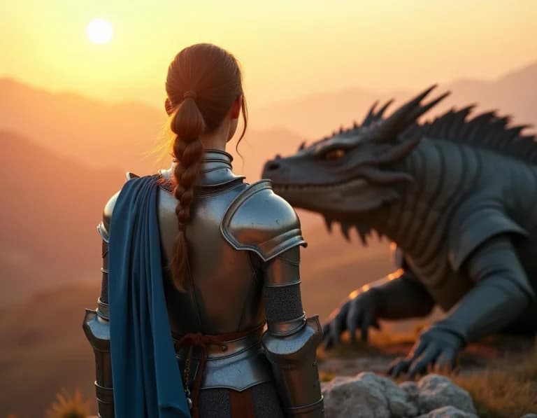 山頂でドラゴンと並ぶ女騎士のAI画像プロンプト作例