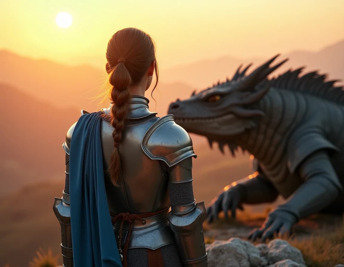 山頂でドラゴンと並ぶ女騎士のAI画像プロンプト作例