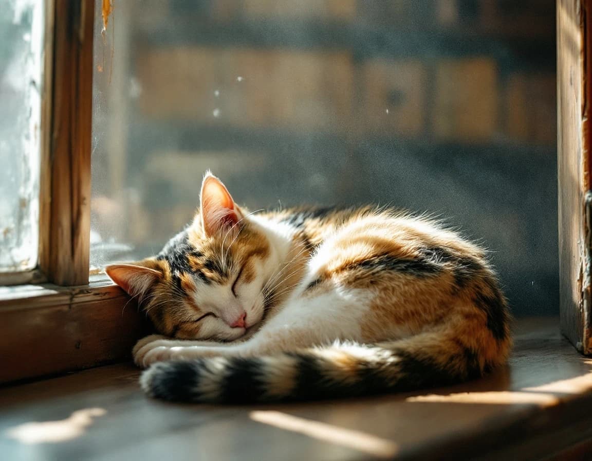 図書館の窓辺で眠る三毛猫のAI画像プロンプト作例