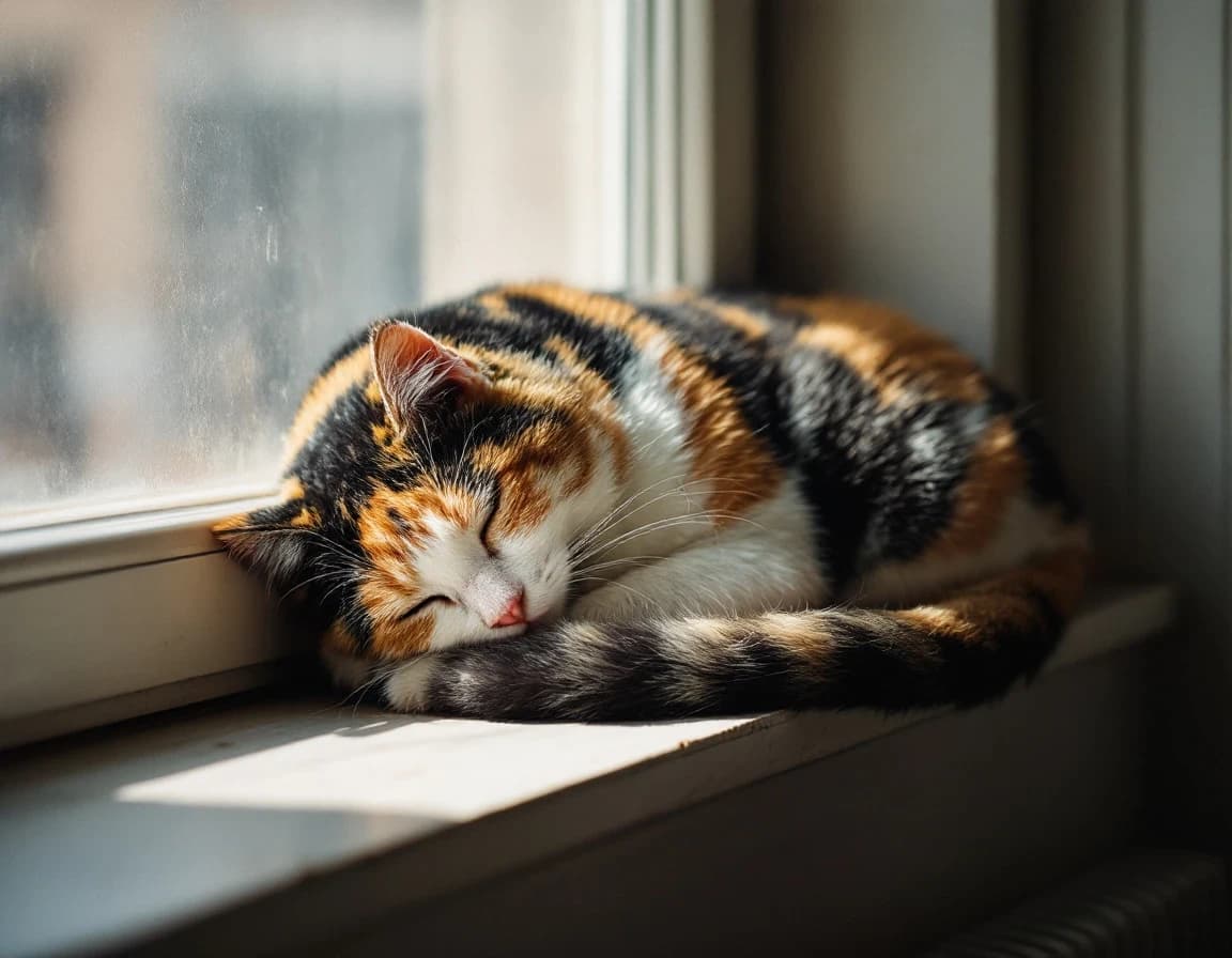 図書館の窓辺で眠る三毛猫のAI画像プロンプト集｜本棚の影【コピペ可】