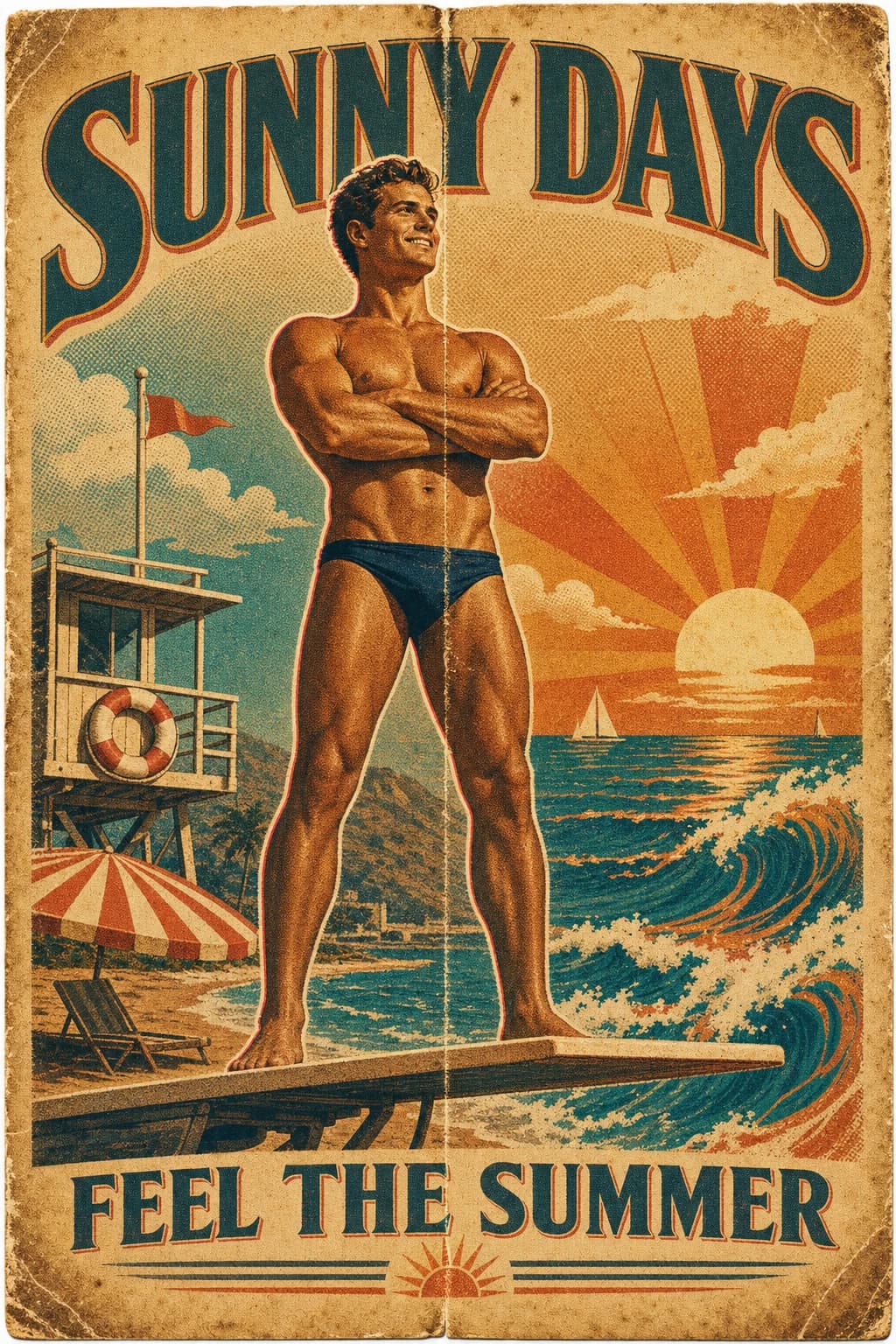 男性水着のヴィンテージポスターAI画像プロンプト作例