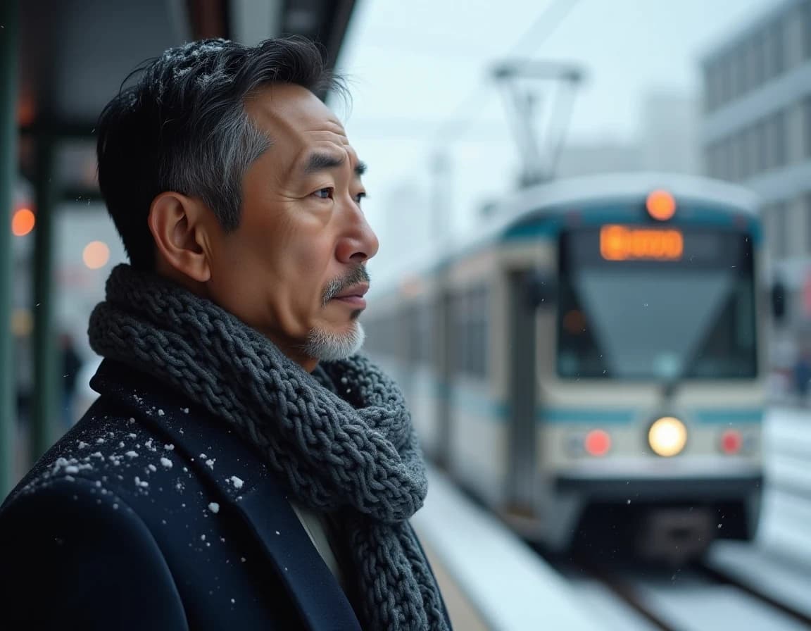 路面電車を待つ会社員のAI画像プロンプト集【雪の朝・マフラー】