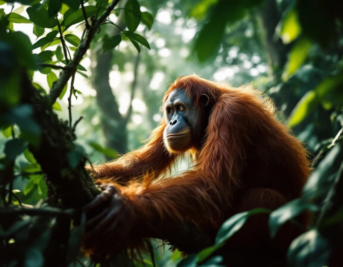 Orangutan Crossing Rainforest Branches AI Image Prompt | Dappled Light