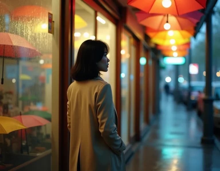 雨の傘屋で傘を選ぶ女性のAI画像プロンプト作例