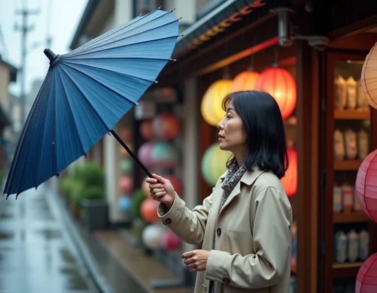 雨の傘屋で傘を選ぶ女性のAI画像プロンプト集｜雫の店先