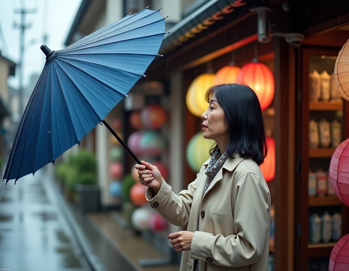 雨の傘屋で傘を選ぶ女性のAI画像プロンプト集｜雫の店先