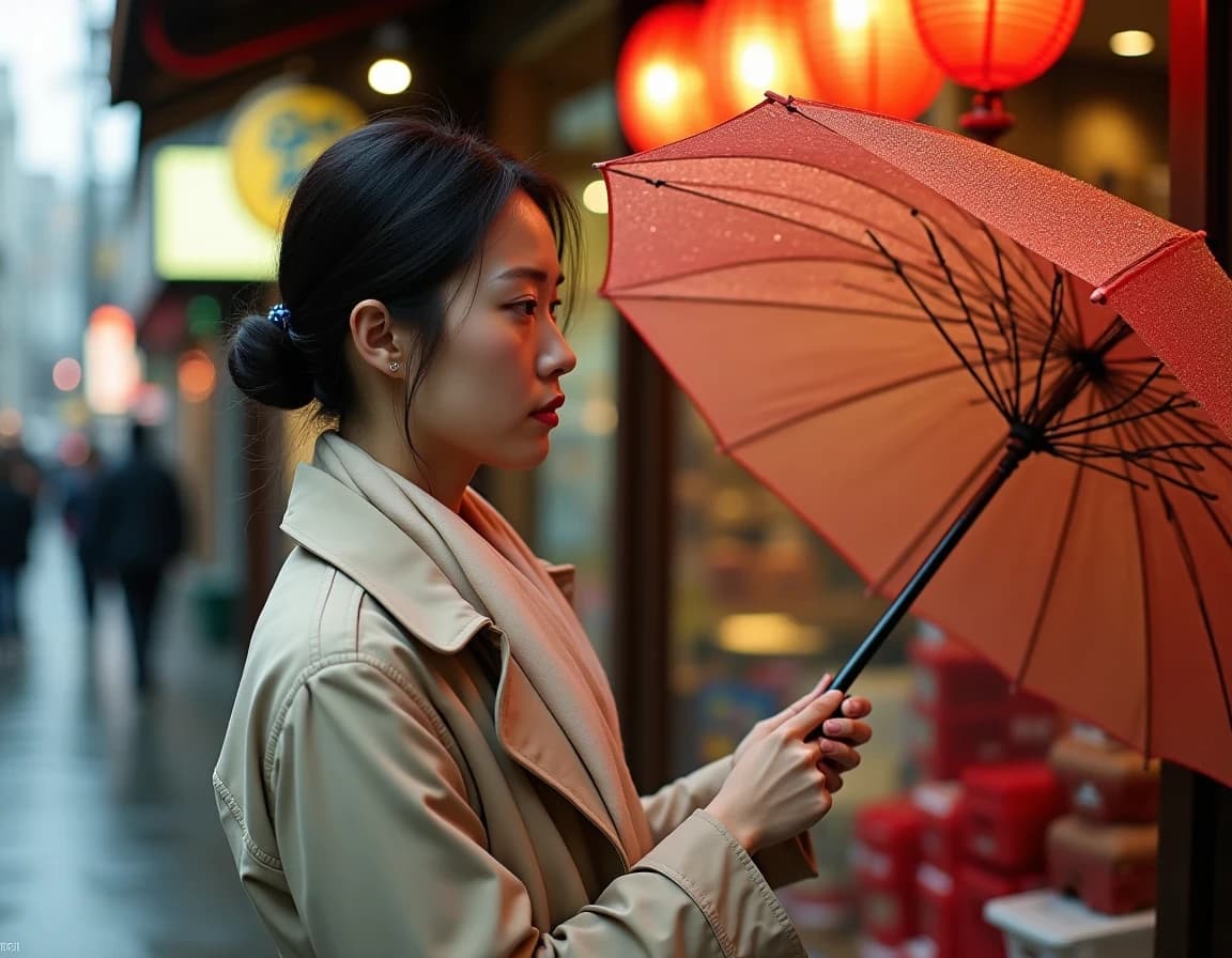 AI image prompt for a woman choosing an umbrella at a rainy umbrella shop