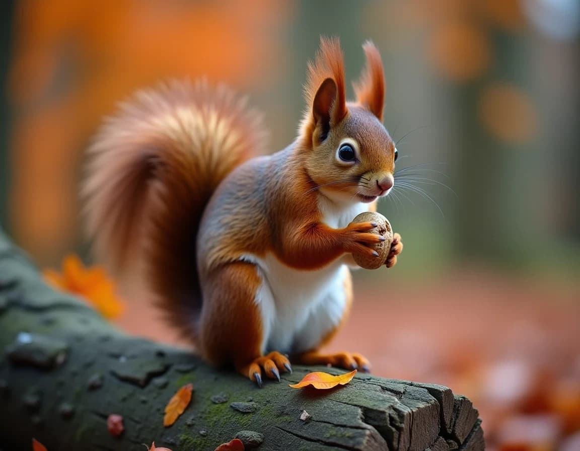古木の幹で胡桃を抱えるリスのAI画像プロンプト集【紅葉】