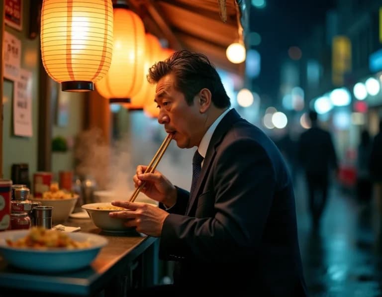 夜の屋台でラーメンを啜るサラリーマンのAI画像プロンプト作例