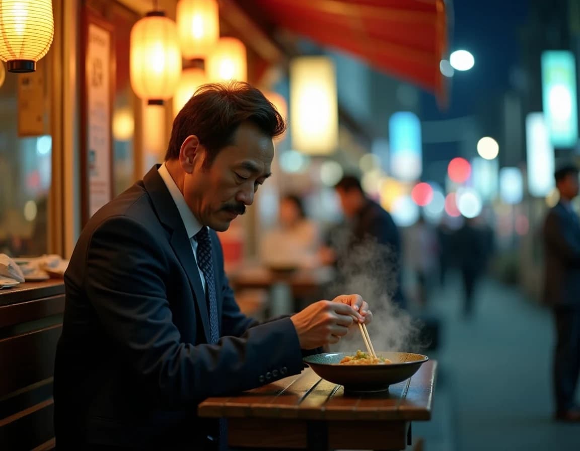 夜の屋台でラーメンを啜るサラリーマンのAI画像プロンプト｜提灯の灯【コピペ可】