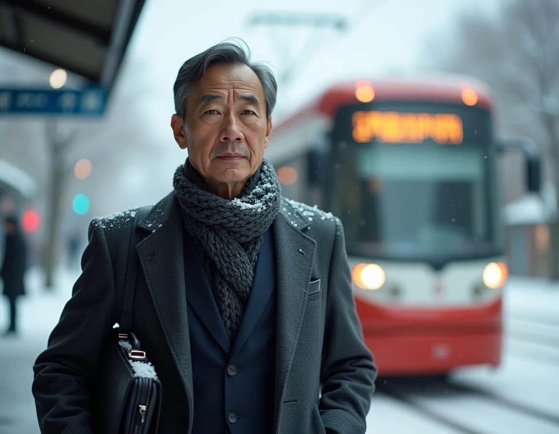 雪の朝に路面電車を待つ会社員のAI画像プロンプト作例