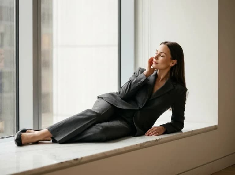 スーツ女性が窓辺で横たわるAI画像プロンプト作例