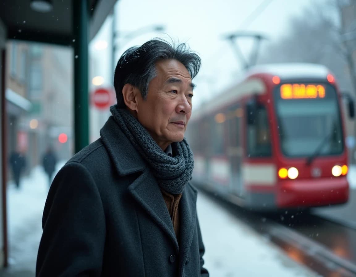 路面電車を待つ会社員のAI画像プロンプト集【雪の朝・マフラー】