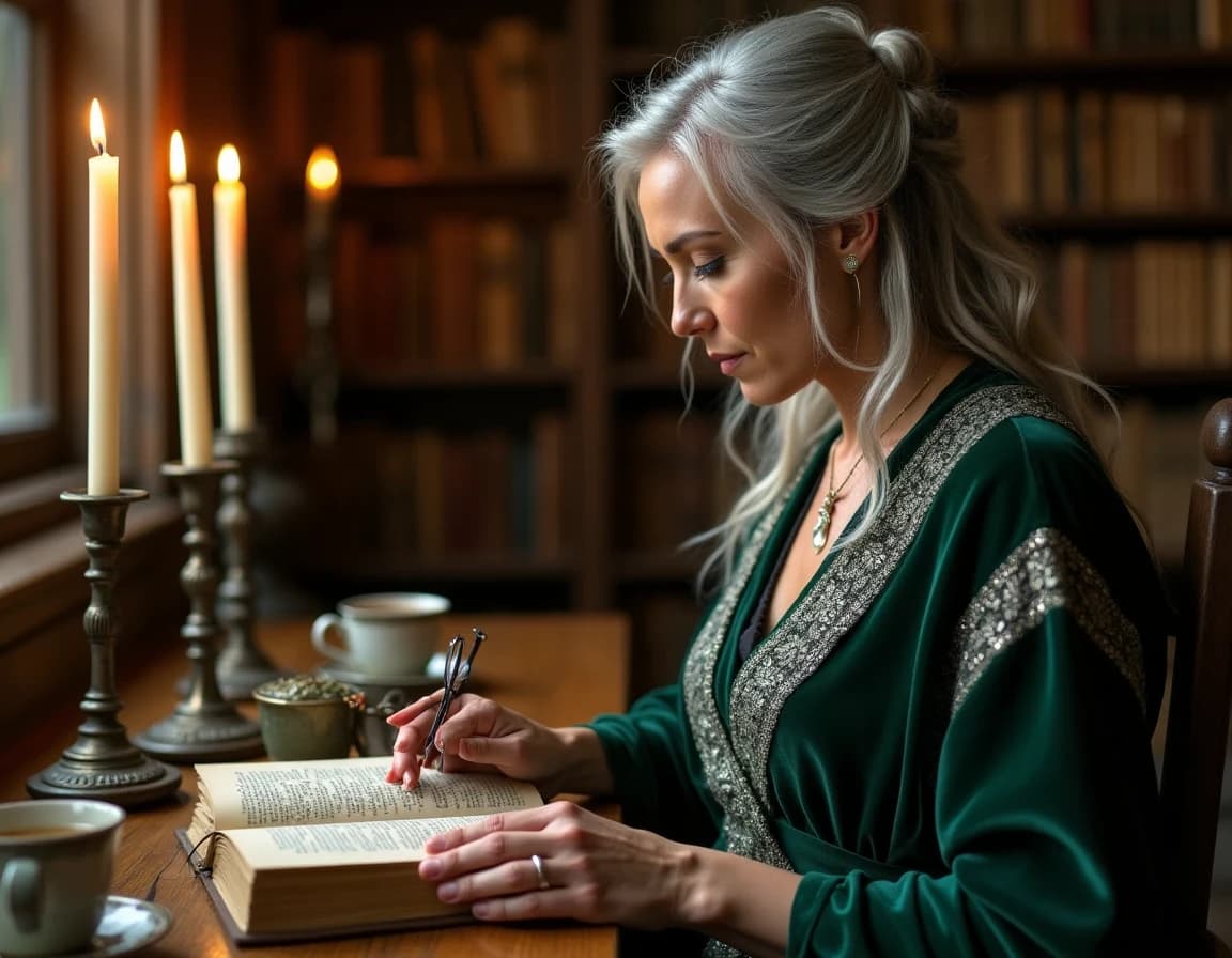 古城の図書室で魔法書を読む魔女のAI画像プロンプト集