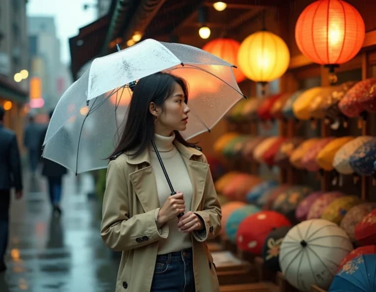 雨の傘屋で傘を選ぶ女性のAI画像プロンプト作例