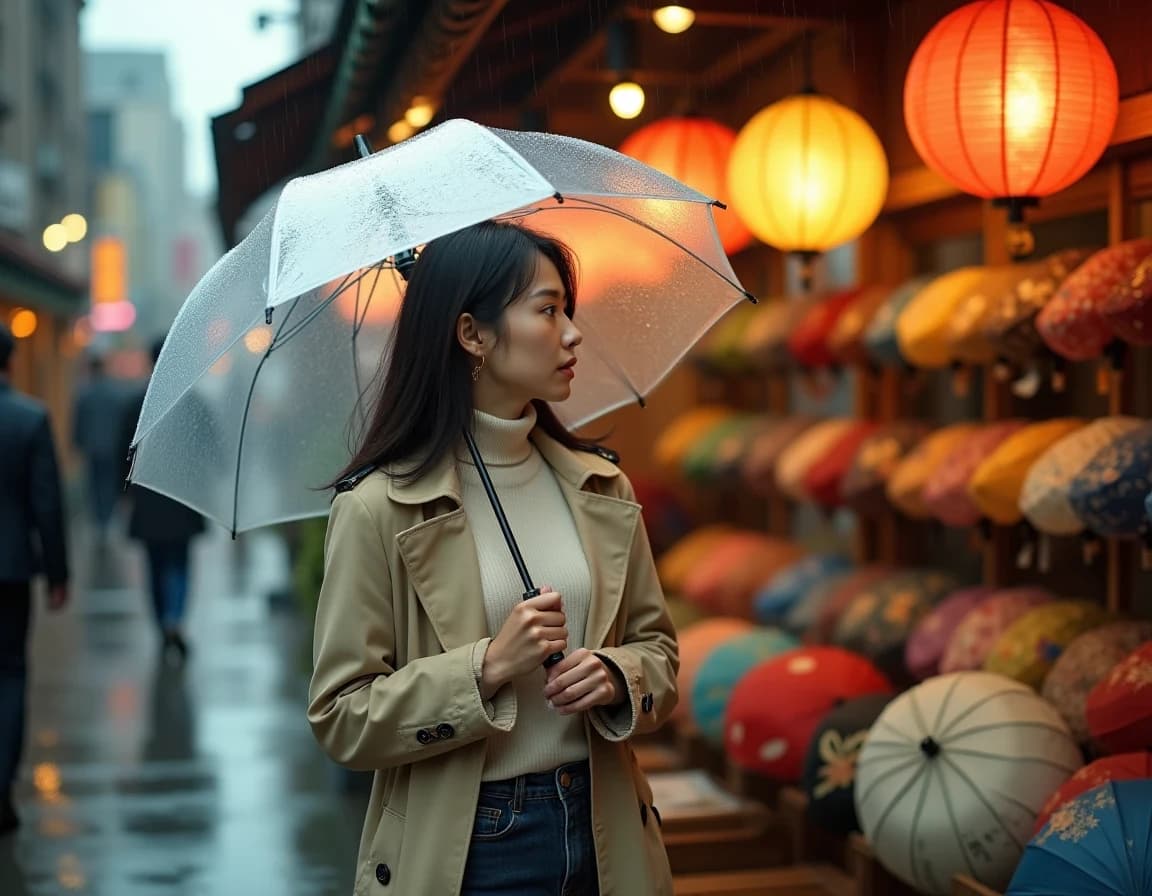 Woman Choosing Umbrella in Rainy Shop AI Image Prompt