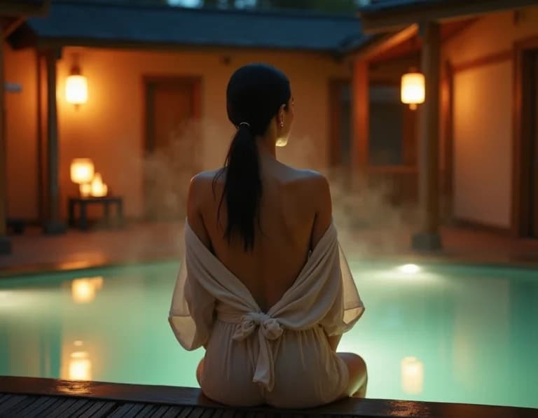 露天風呂の縁で浴衣姿の女性AI画像プロンプト作例