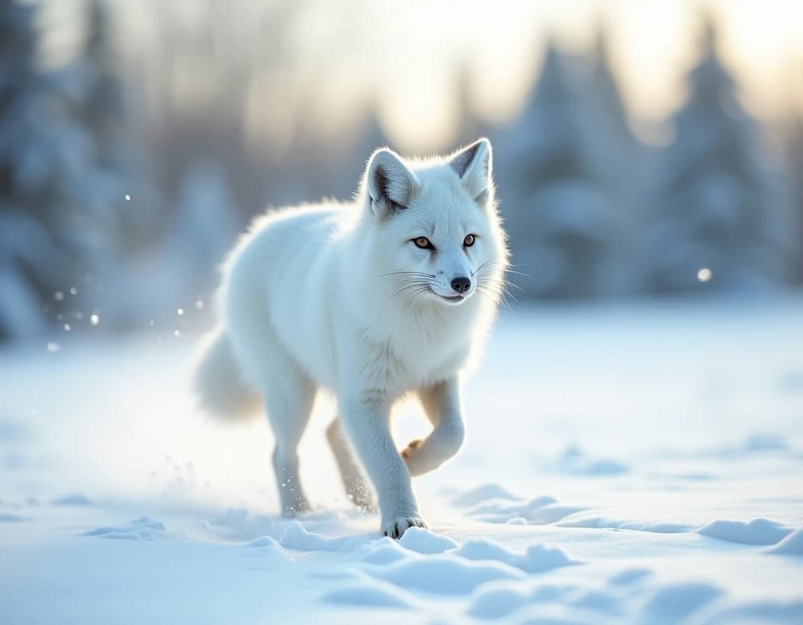 雪原を駆ける北極狐のAI画像プロンプト作例【冬の朝】