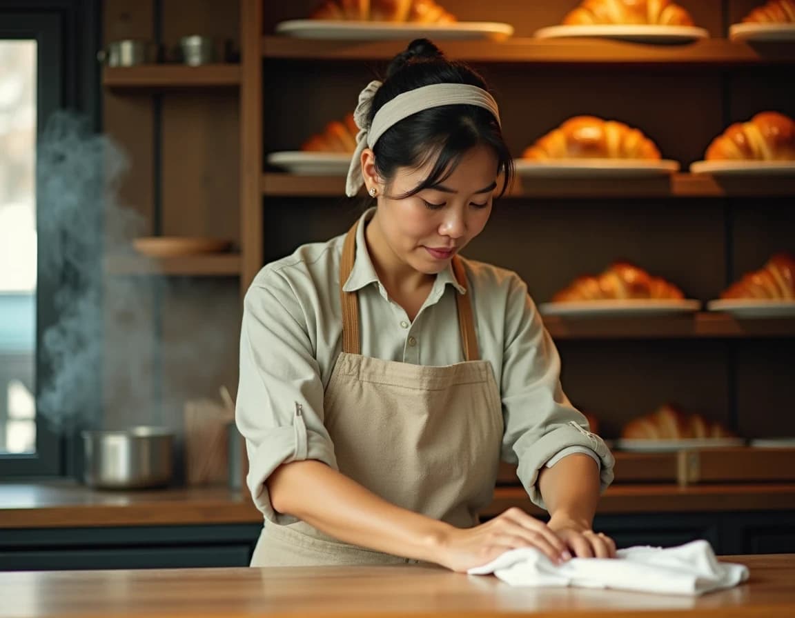 パン屋のカウンターで働くエプロン店員のAI画像プロンプト作例