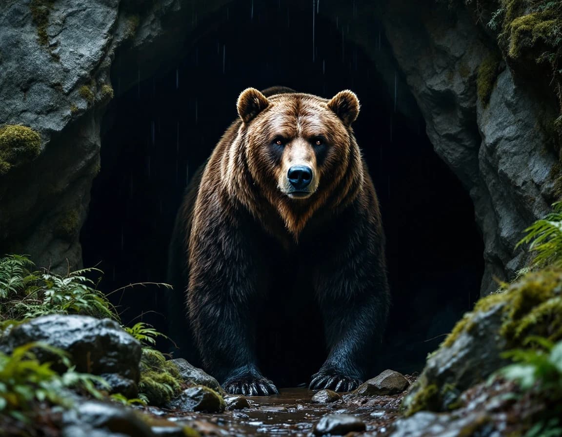 雨上がりの森で洞窟に佇むヒグマのAI画像プロンプト作例